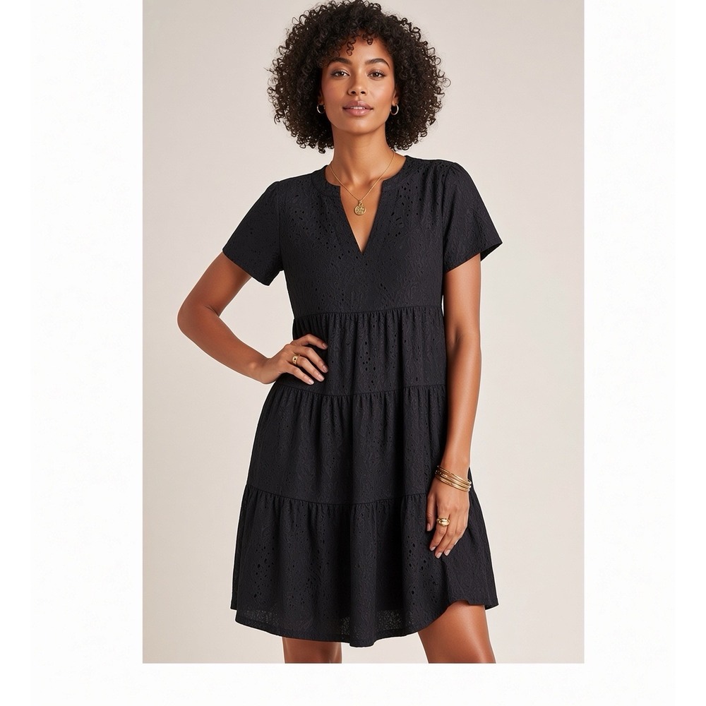 NWT Maeve By Anthropologie Sacha Jacquard Tiered Tunic Black Dress Women's Small